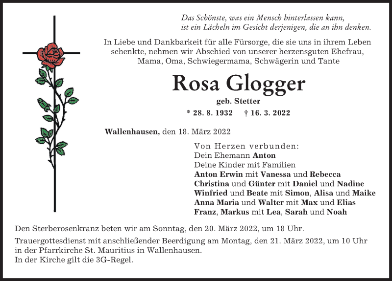 Traueranzeige von Rosa Glogger von Neu-Ulmer Zeitung