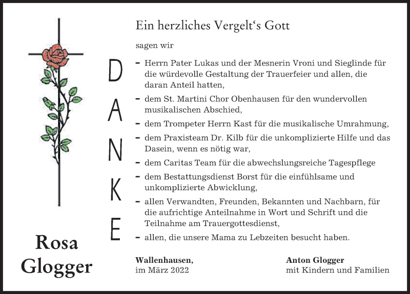 Traueranzeige von Rosa Glogger von Neu-Ulmer Zeitung