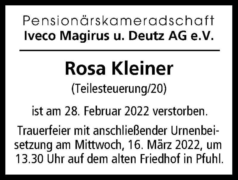 Traueranzeige von Rosa Kleiner von Illertisser Zeitung, Günzburger Zeitung, Neu-Ulmer Zeitung