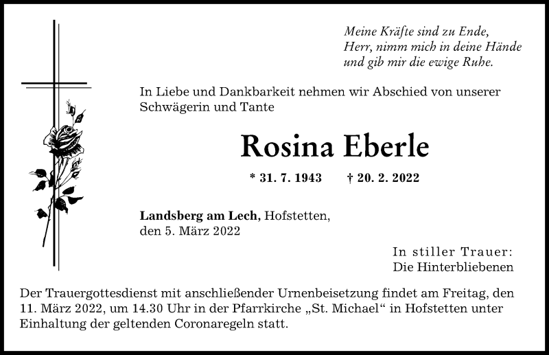 Traueranzeige von Rosina Eberle von Landsberger Tagblatt