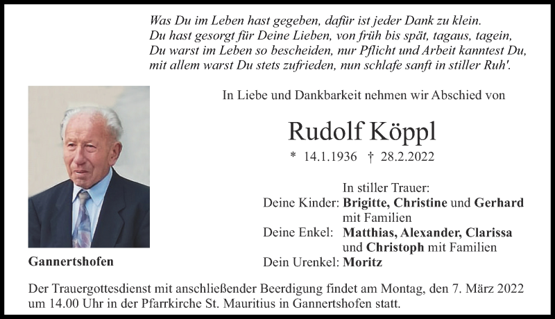  Traueranzeige für Rudolf Köppl vom 05.03.2022 aus Illertisser Zeitung