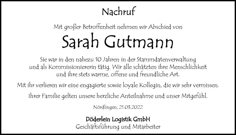  Traueranzeige für Sarah Gutmann vom 22.03.2022 aus Rieser Nachrichten