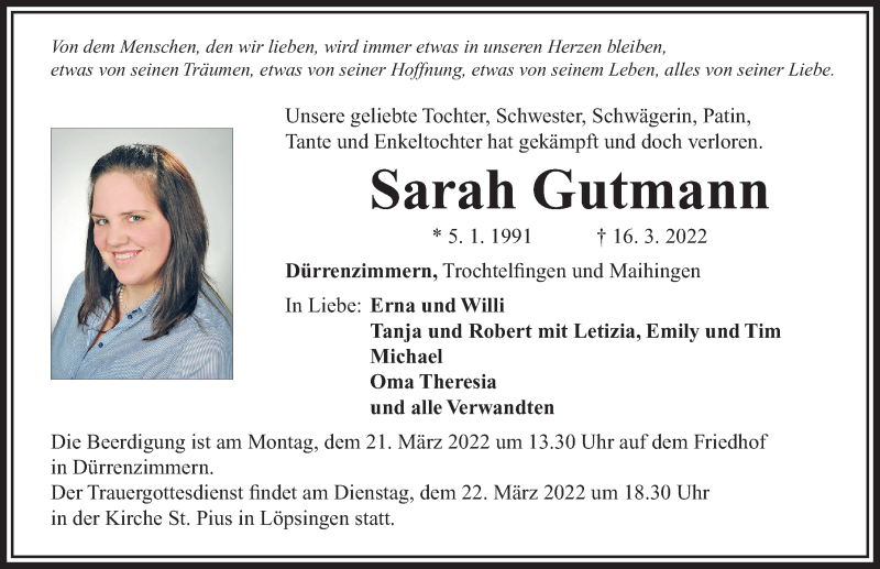  Traueranzeige für Sarah Gutmann vom 19.03.2022 aus Rieser Nachrichten