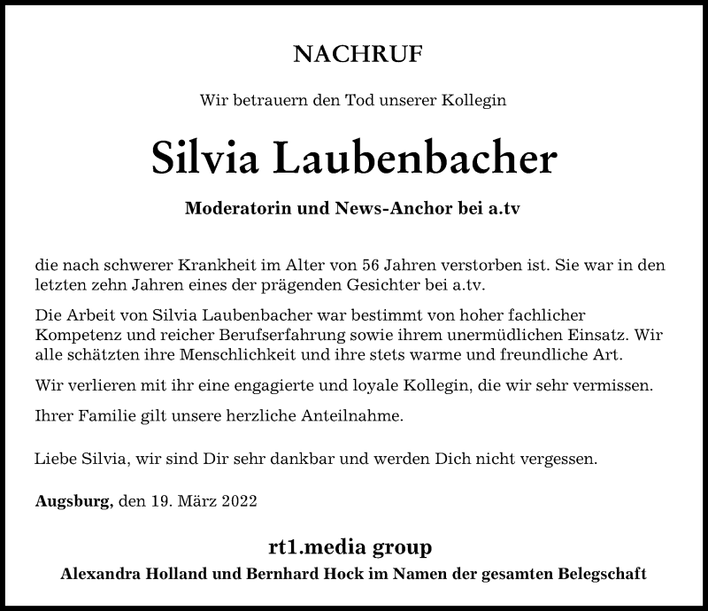 Traueranzeige von Silvia Laubenbacher von Augsburger Allgemeine