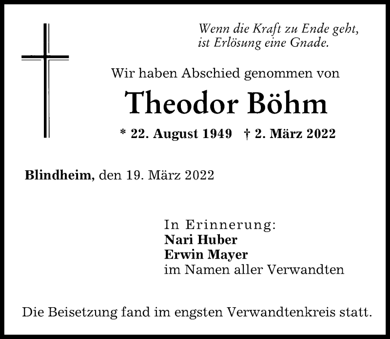  Traueranzeige für Theodor Böhm vom 19.03.2022 aus Donau Zeitung