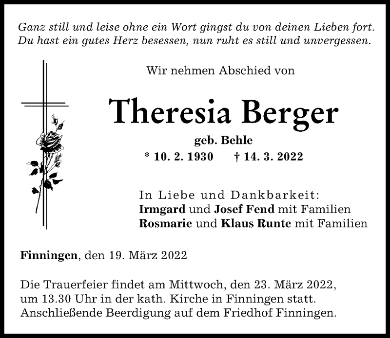 Traueranzeige von Theresia Berger von Neu-Ulmer Zeitung