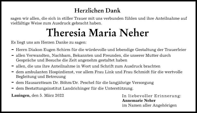 Traueranzeige von Theresia Maria Neher von Donau Zeitung