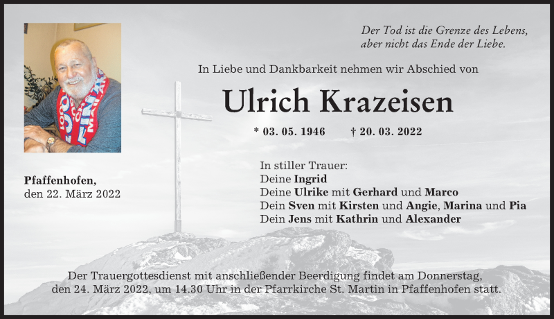  Traueranzeige für Ulrich Krazeisen vom 22.03.2022 aus Wertinger Zeitung