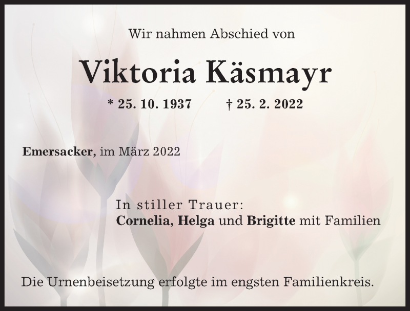  Traueranzeige für Viktoria Käsmayr vom 19.03.2022 aus Augsburg-Land
