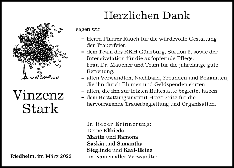Traueranzeige von Vinzenz Stark von Günzburger Zeitung