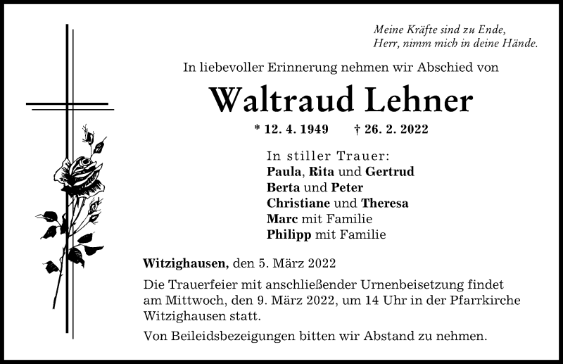 Traueranzeige von Waltraud Lehner von Neu-Ulmer Zeitung