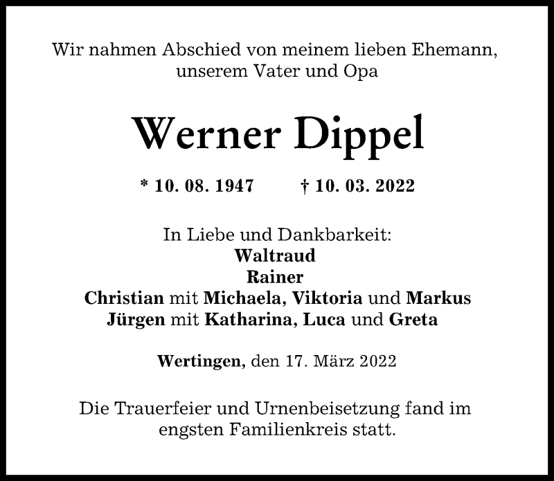 Traueranzeige von Werner Dippel von Wertinger Zeitung