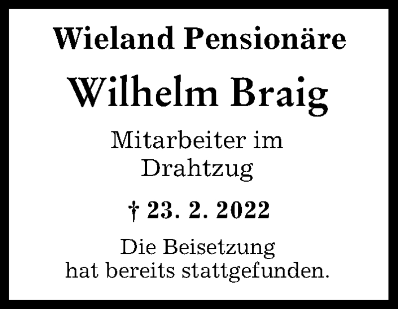 Traueranzeige von Wilhelm Braig von Illertisser Zeitung, Neu-Ulmer Zeitung
