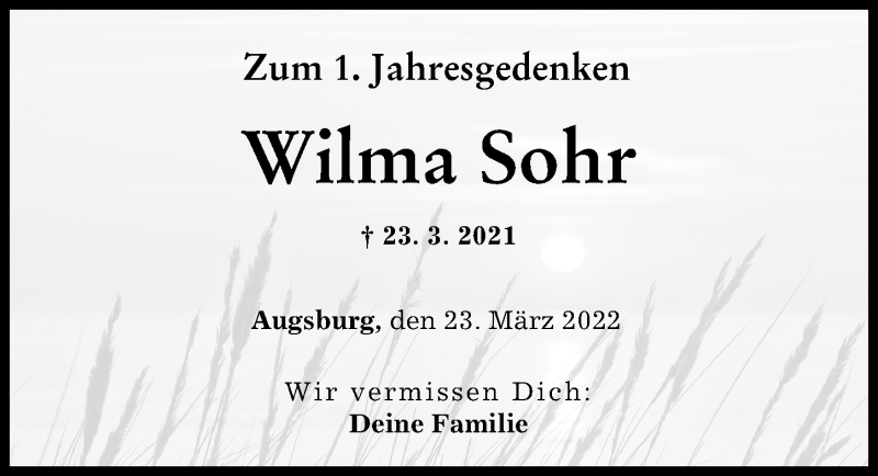 Traueranzeige von Wilma Sohr von Augsburger Allgemeine