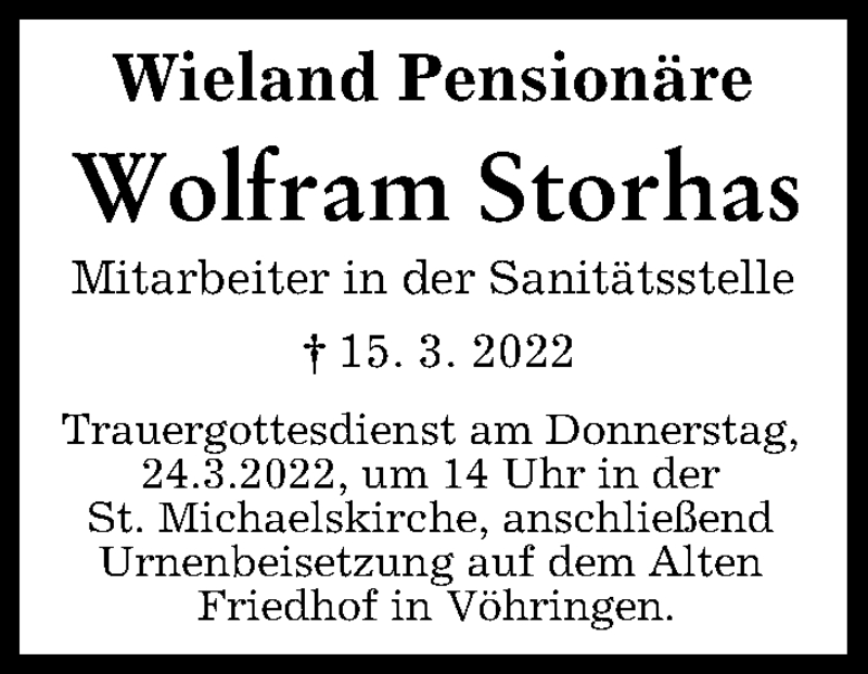  Traueranzeige für Wolfram Storhas vom 22.03.2022 aus Illertisser Zeitung, Neu-Ulmer Zeitung