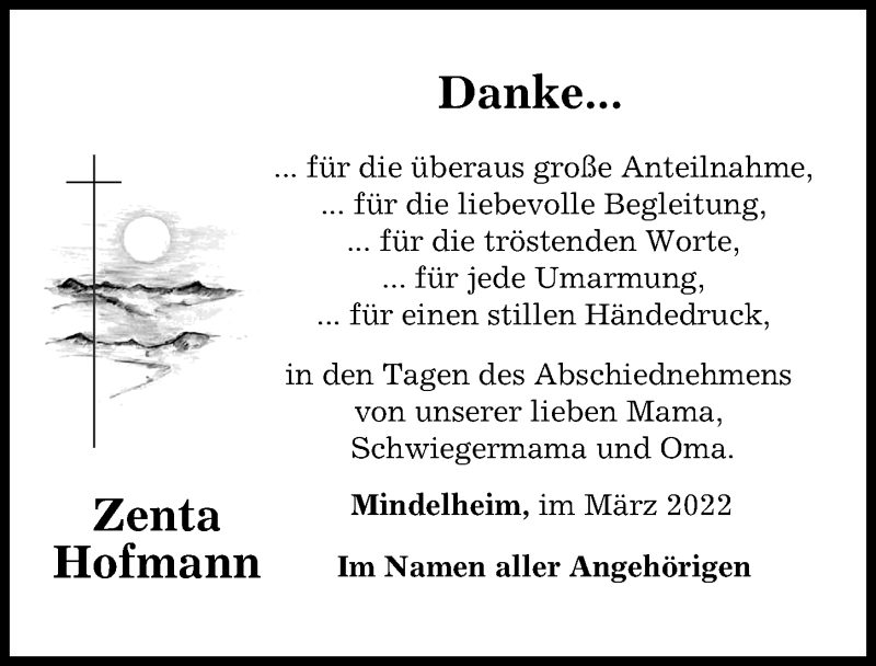 Traueranzeige von Zenta Hofmann von Mindelheimer Zeitung