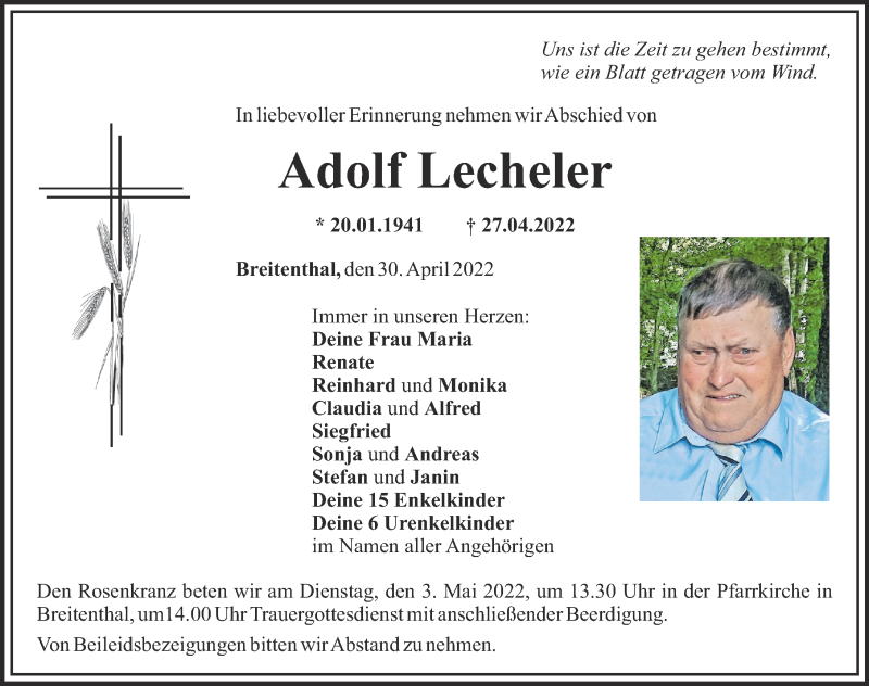  Traueranzeige für Adolf Lecheler vom 30.04.2022 aus Mittelschwäbische Nachrichten