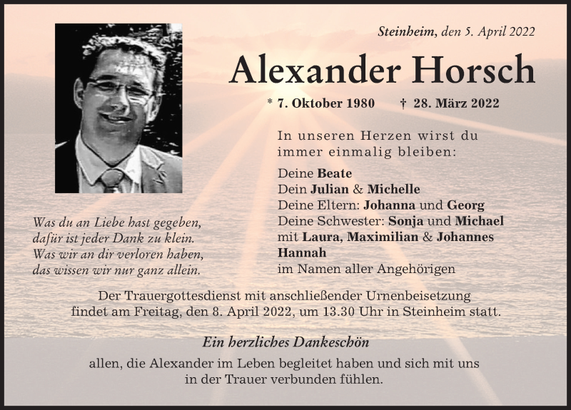  Traueranzeige für Alexander Horsch vom 05.04.2022 aus Donau Zeitung