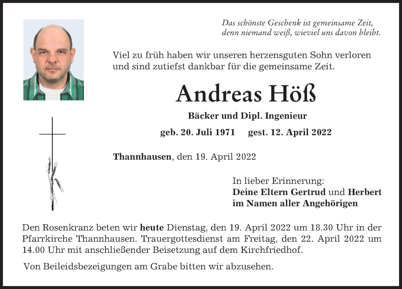  Traueranzeige für Andreas Höß vom 19.04.2022 aus Mittelschwäbische Nachrichten