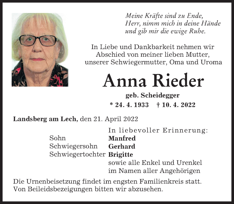 Traueranzeige von Anna Rieder von Landsberger Tagblatt