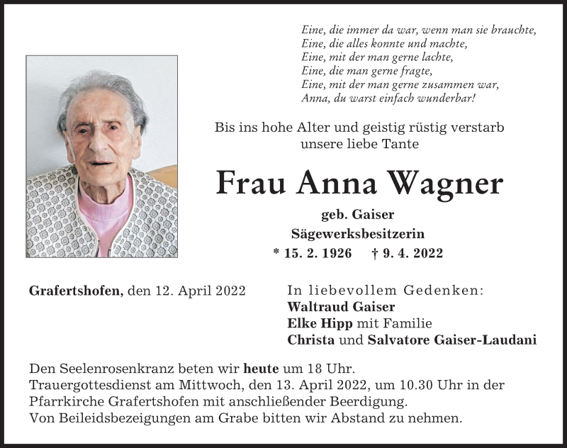 Traueranzeige von Anna Wagner von Illertisser Zeitung, Neu-Ulmer Zeitung