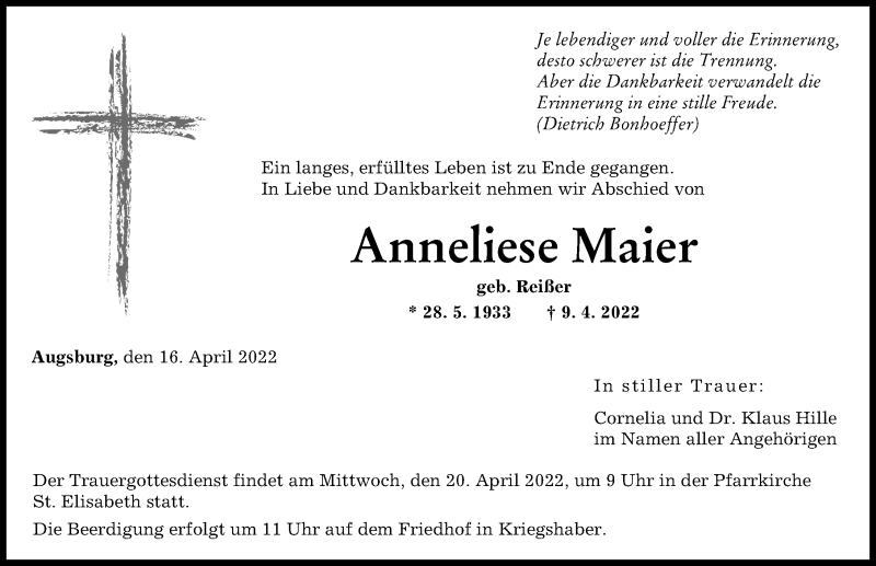 Traueranzeigen von Anneliese Maier | Augsburger Allgemeine Zeitung