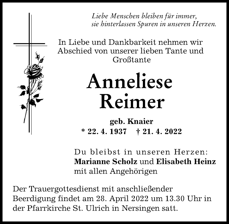 Traueranzeige von Anneliese Reimer von Neu-Ulmer Zeitung