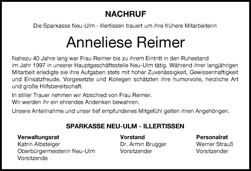 Traueranzeige von Anneliese Reimer von Neu-Ulmer Zeitung