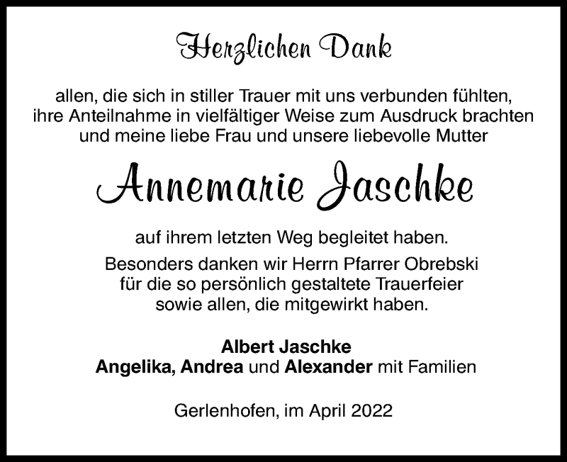 Traueranzeige von Annemarie Jaschke von Augsburger Allgemeine, Neu-Ulmer Zeitung