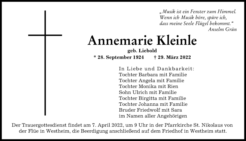 Traueranzeige von Annemarie Kleinle von Augsburger Allgemeine