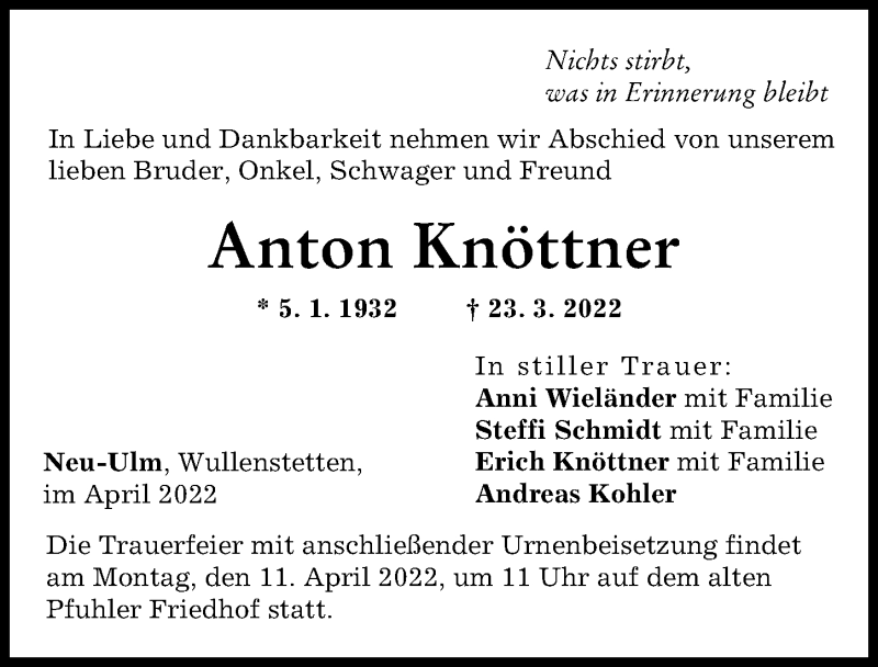 Traueranzeige von Anton Knöttner von Neu-Ulmer Zeitung