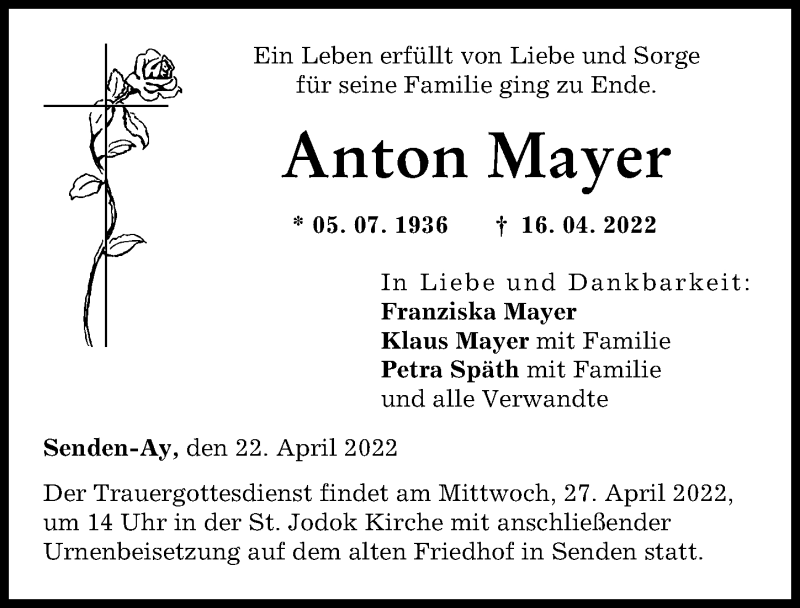 Traueranzeige von Anton Mayer von Augsburger Allgemeine, Neu-Ulmer Zeitung