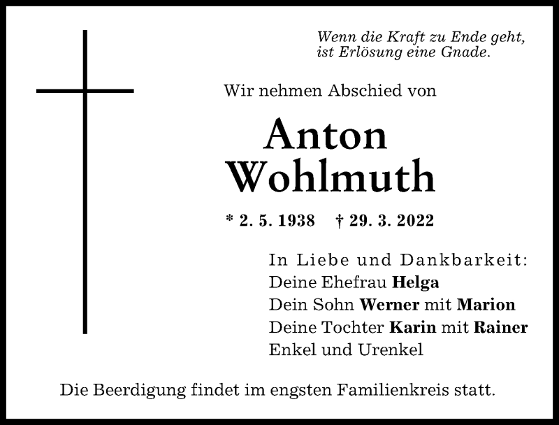 Traueranzeige von Anton Wohlmuth von Friedberger Allgemeine