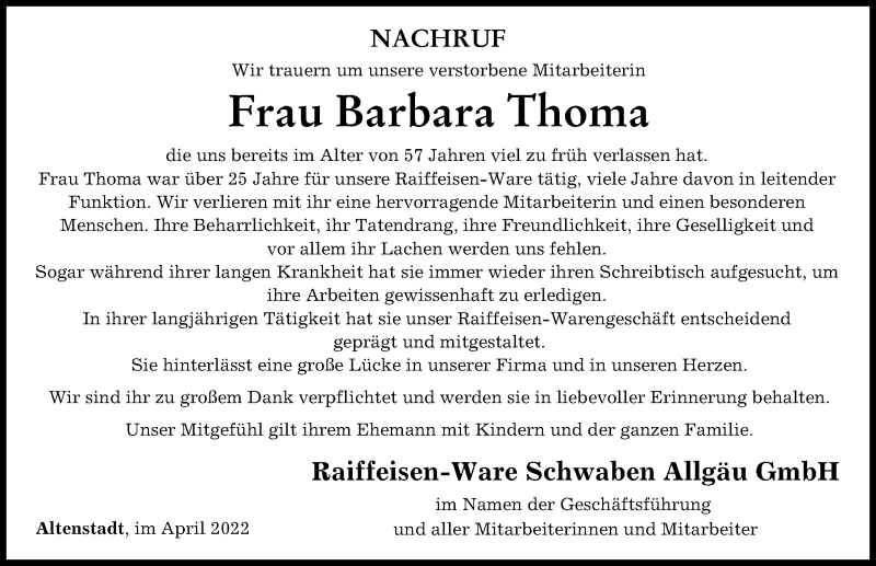 Traueranzeige von Barbara Thoma von Neu-Ulmer Zeitung, Illertisser Zeitung