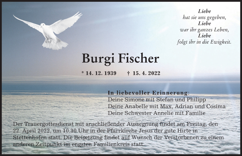  Traueranzeige für Burgi Fischer vom 21.04.2022 aus Augsburger Allgemeine
