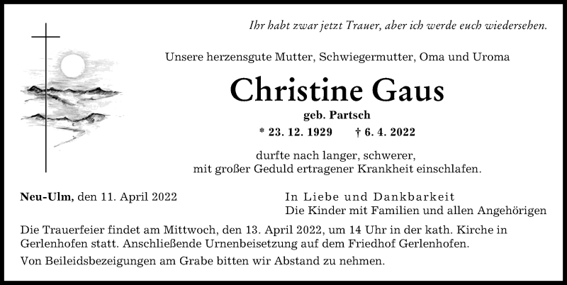 Traueranzeige von Christine Gaus von Neu-Ulmer Zeitung