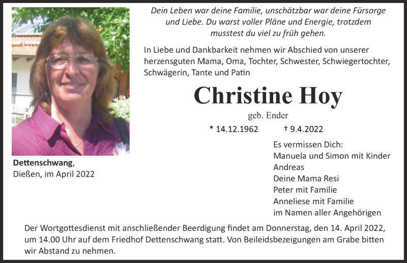  Traueranzeige für Christine Hoy vom 13.04.2022 aus Landsberger Tagblatt