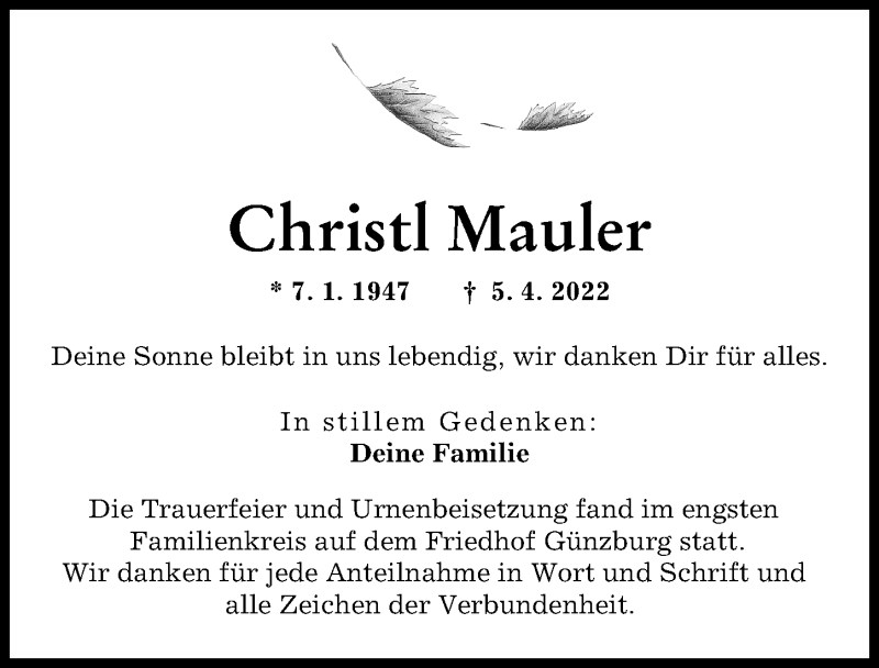 Traueranzeige von Christl Mauler von Günzburger Zeitung