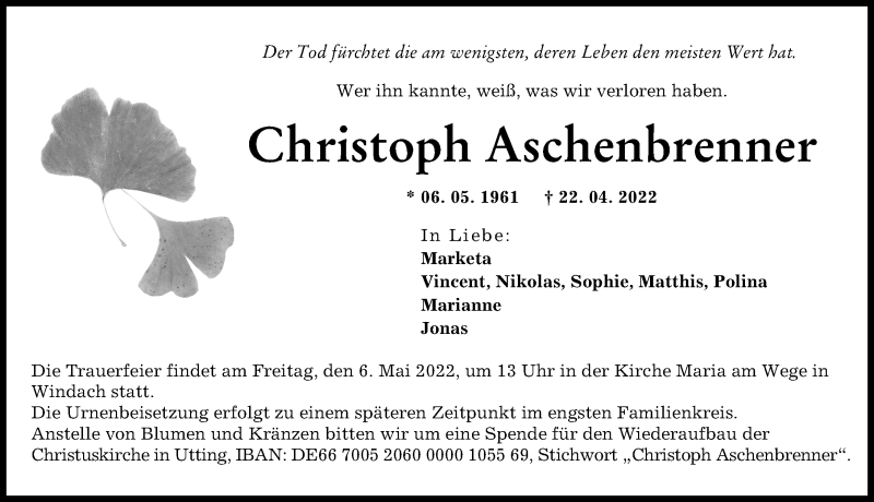 Traueranzeige von Christoph Aschenbrenner von Landsberger Tagblatt