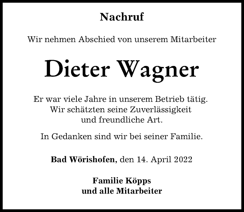 Traueranzeige von Dieter Wagner von Schwabmünchner Allgemeine