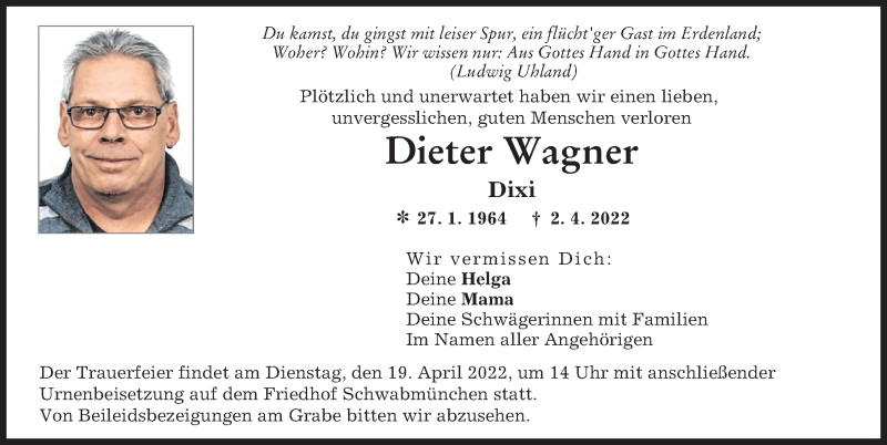 Traueranzeige von Dieter Wagner von Schwabmünchner Allgemeine