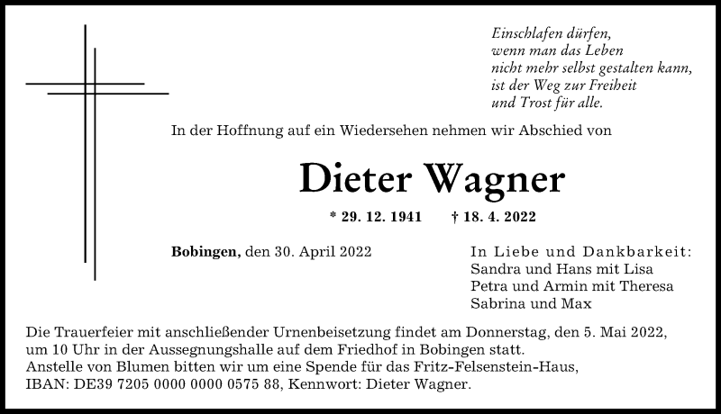 Traueranzeige von Dieter Wagner von Schwabmünchner Allgemeine