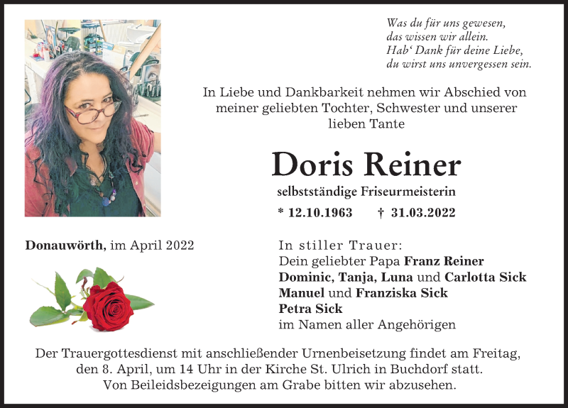 Traueranzeige von Doris Reiner von Donauwörther Zeitung