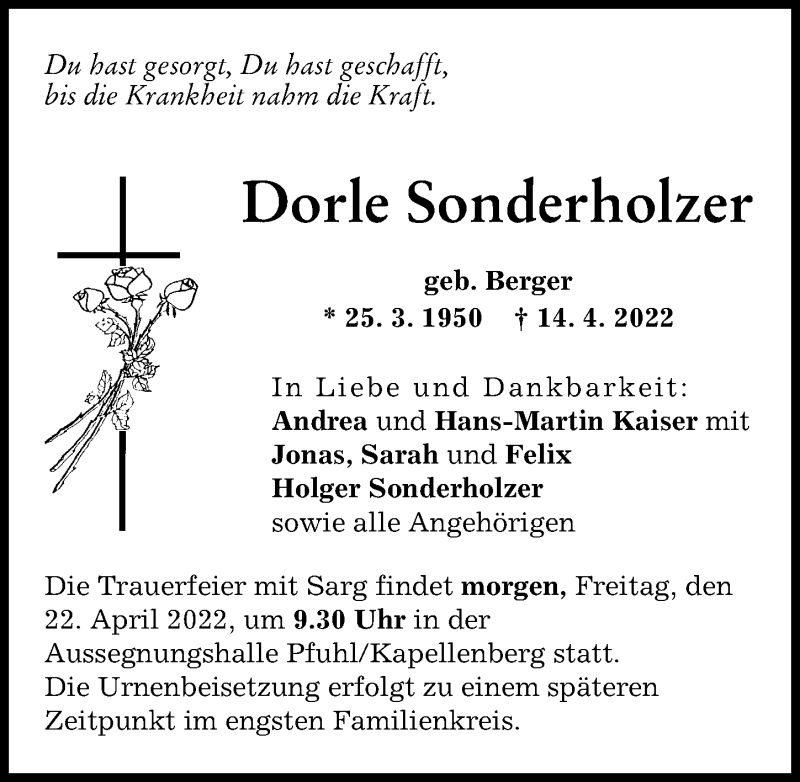 Traueranzeige von Dorle Sonderholzer von Neu-Ulmer Zeitung