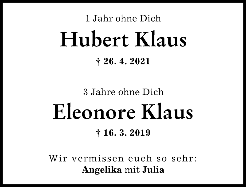 Traueranzeige von Eleonore Klaus von Augsburg-Land