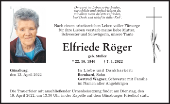Traueranzeige von Elfriede Röger von Günzburger Zeitung