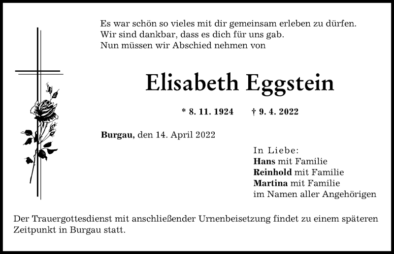  Traueranzeige für Elisabeth Eggstein vom 14.04.2022 aus Günzburger Zeitung