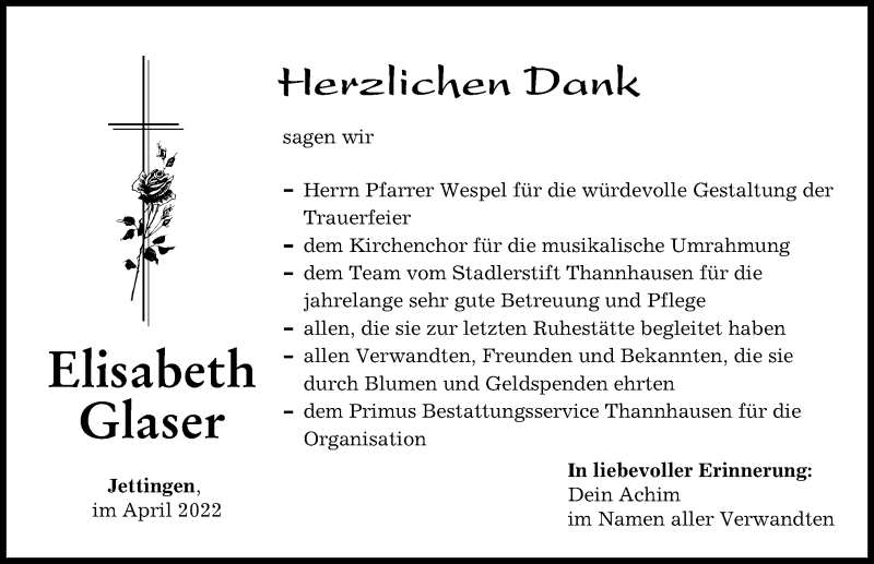  Traueranzeige für Elisabeth Glaser vom 09.04.2022 aus Günzburger Zeitung