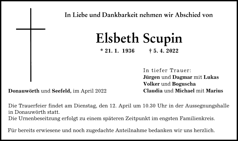 Traueranzeige von Elsbeth Scupin von Donauwörther Zeitung