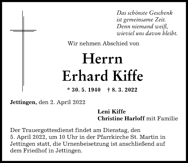  Traueranzeige für Erhard Kiffe vom 02.04.2022 aus Günzburger Zeitung